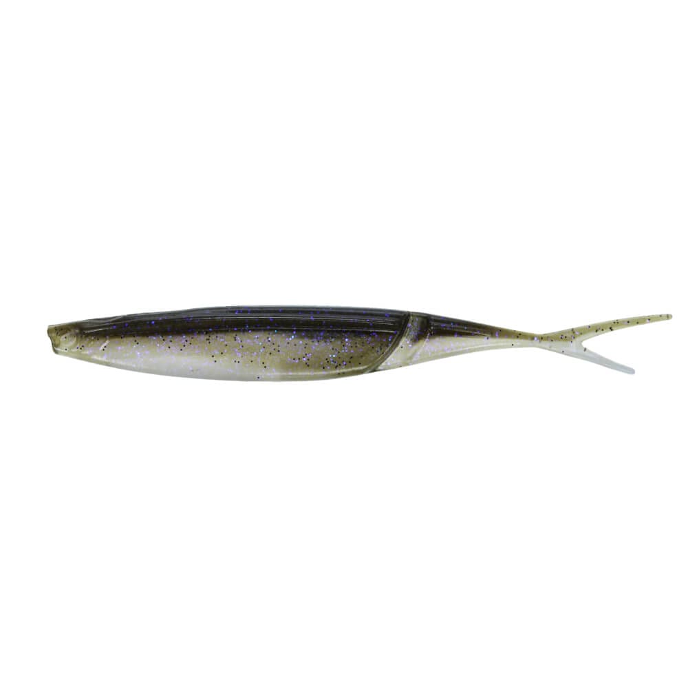 A 7 inch Gary Yamamoto Hinge Minnow that is green and white with black and purple flakes.