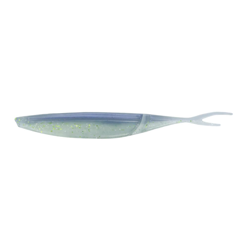 A 7 inch Gary Yamamoto Hinge Minnow that is blue and white with green flakes.