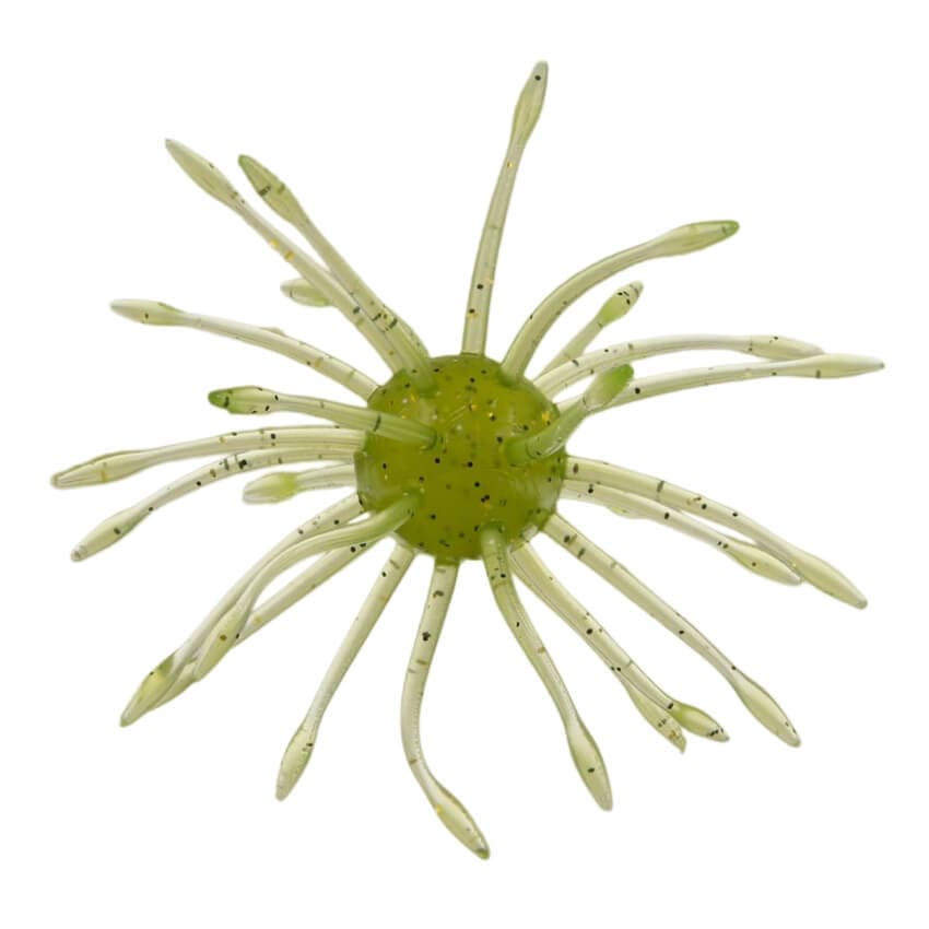 A Gary Yamamoto Uni HD Urchin Bait that is light green with small black flakes.