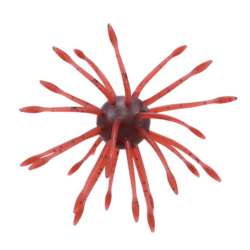 A 16 millimeter Gary Yamamoto Uni HD Urchin Bait that is red with black flakes.
