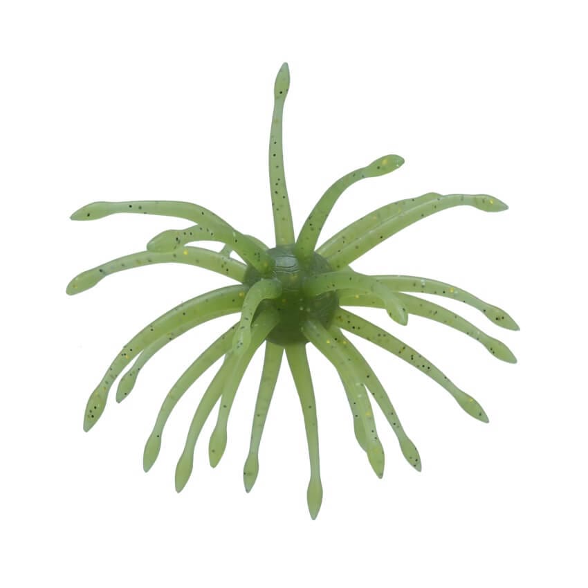 A 20 millimeter Gary Yamamoto Uni Mas Urchin Bait that is green with small black flakes.