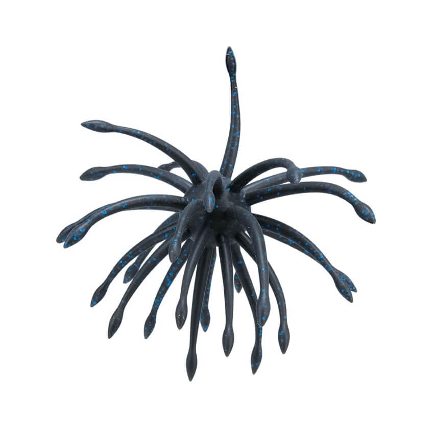 A 20 millimeter Gary Yamamoto Uni Mas Urchin Bait that is black with large blue flakes.