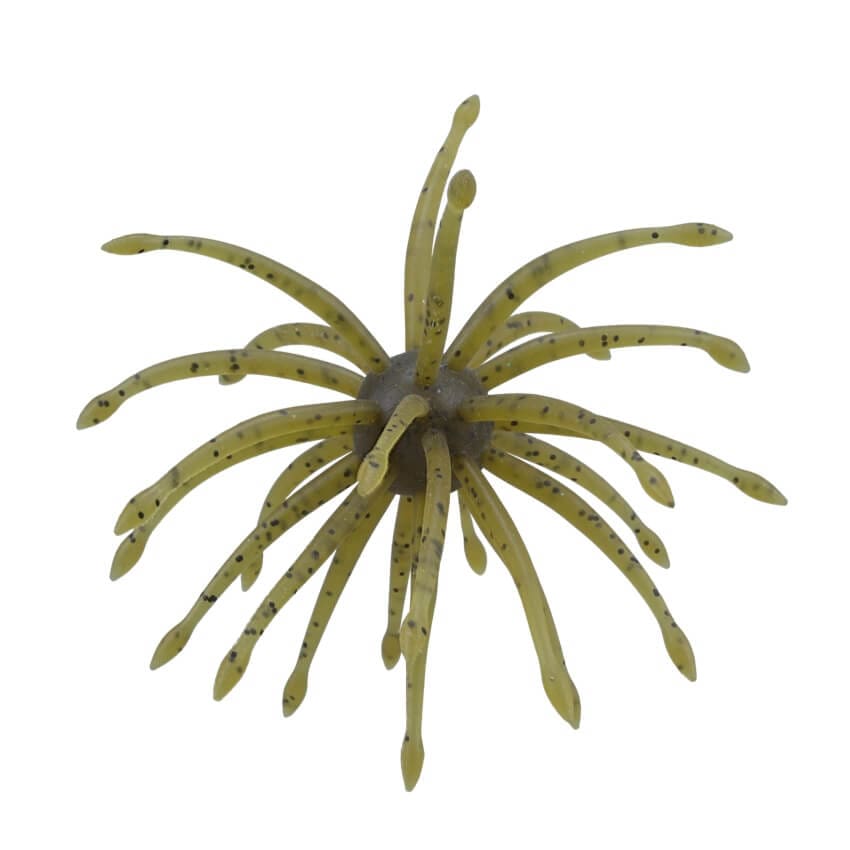 A 20 millimeter Gary Yamamoto Uni Mas Urchin Bait that is green with black flakes.