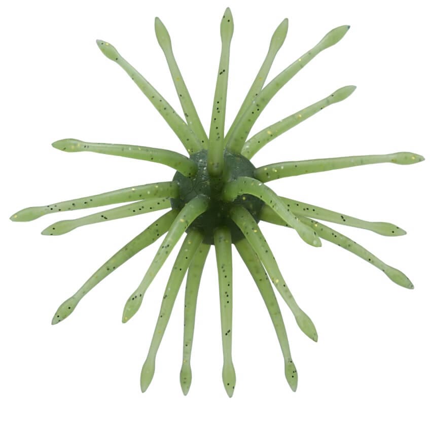 A 24 millimeter Gary Yamamoto Uni Max Urchin Bait that is green with black flakes.