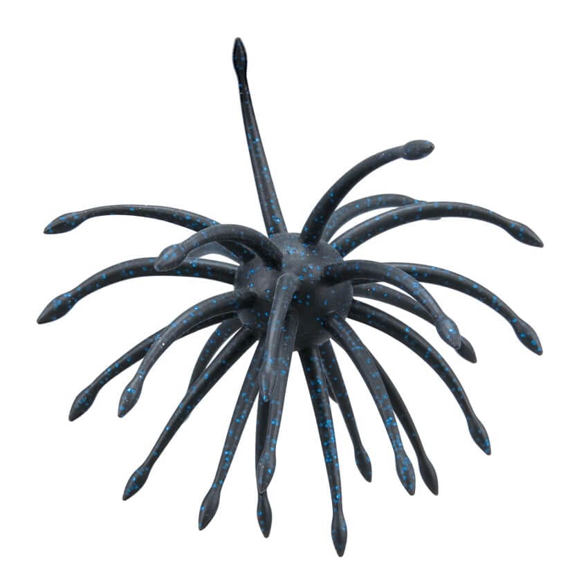 A 24 millimeter Gary Yamamoto Uni Max Urchin Bait that is black with large blue flakes.