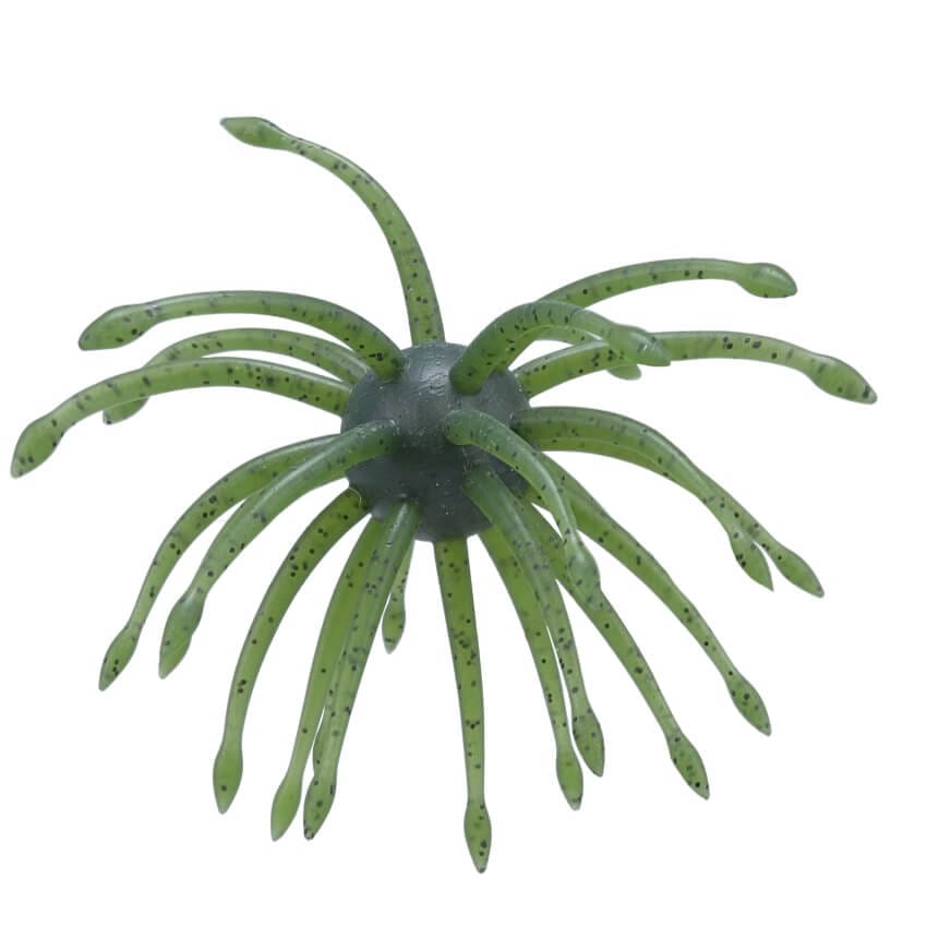A 24 millimeter Gary Yamamoto Uni Max Urchin Bait that is green with black flakes.