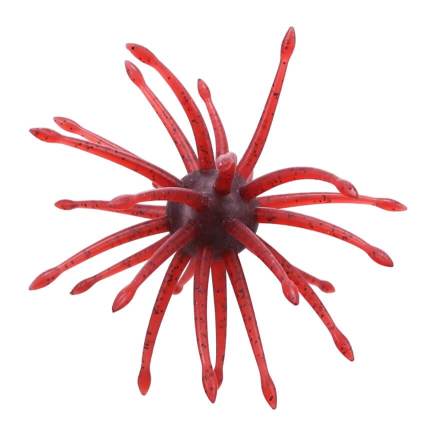 A 24 millimeter Gary Yamamoto Uni Max Urchin Bait that is red with small blue flakes.