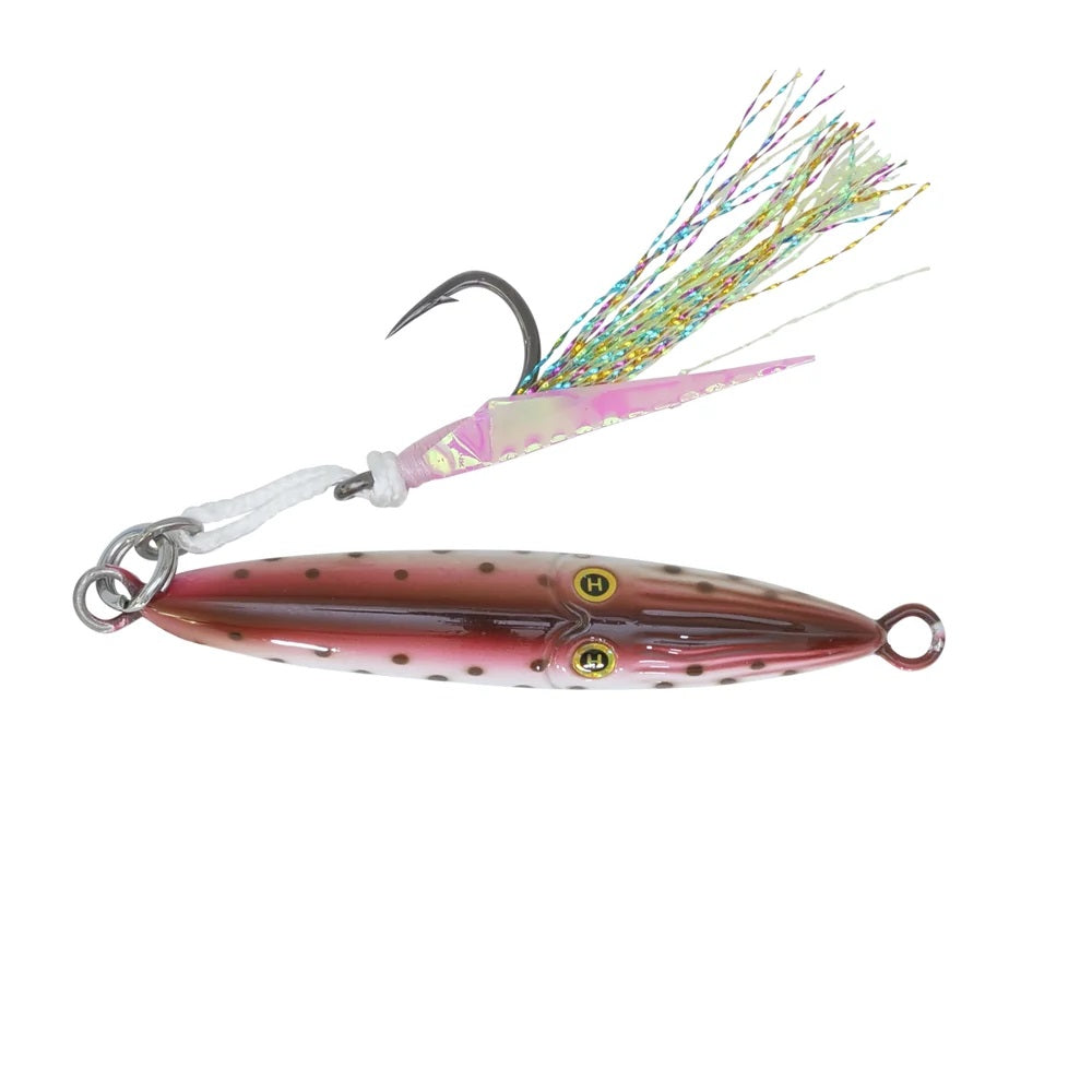 A pink and multicolor Hogy Lures Squinnow Jig that weighs 1.5 oz. and is 3" in length.