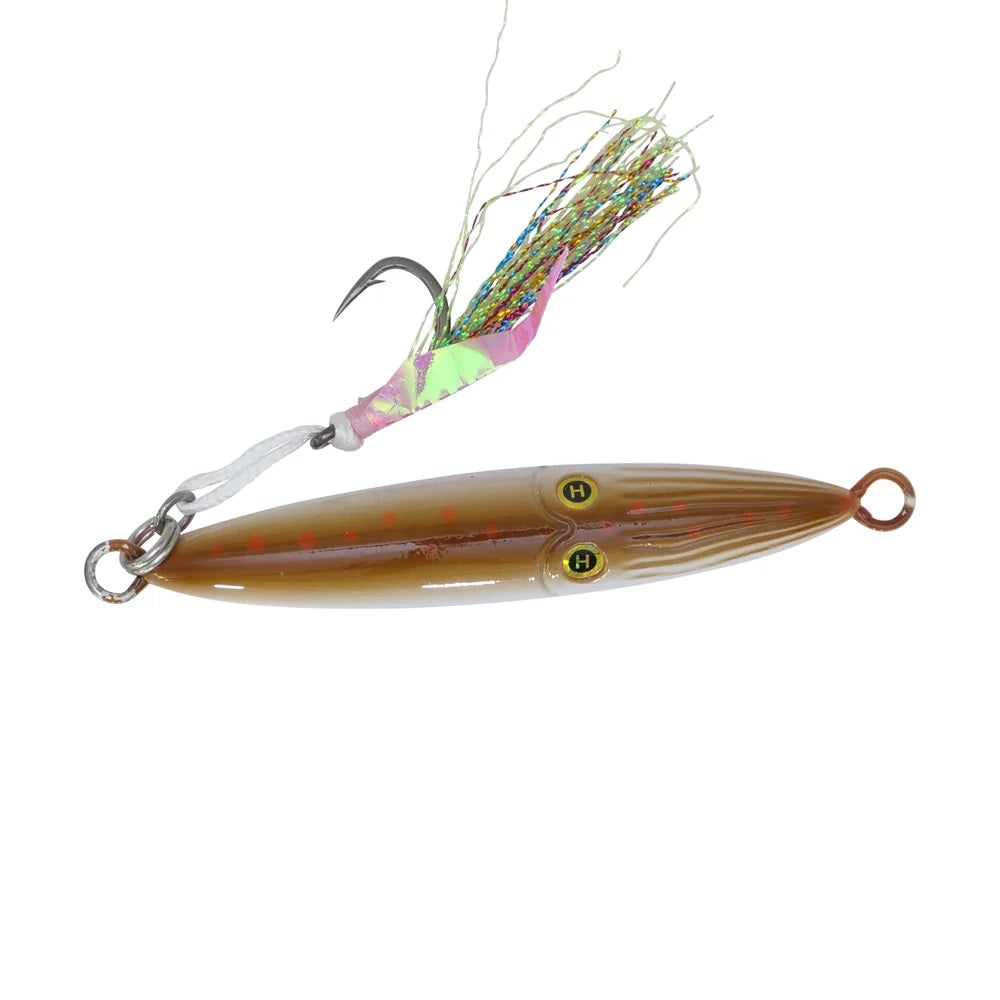 A brown Hogy Lures Squinnow Jig that is 3.5 oz. and 4" in length.