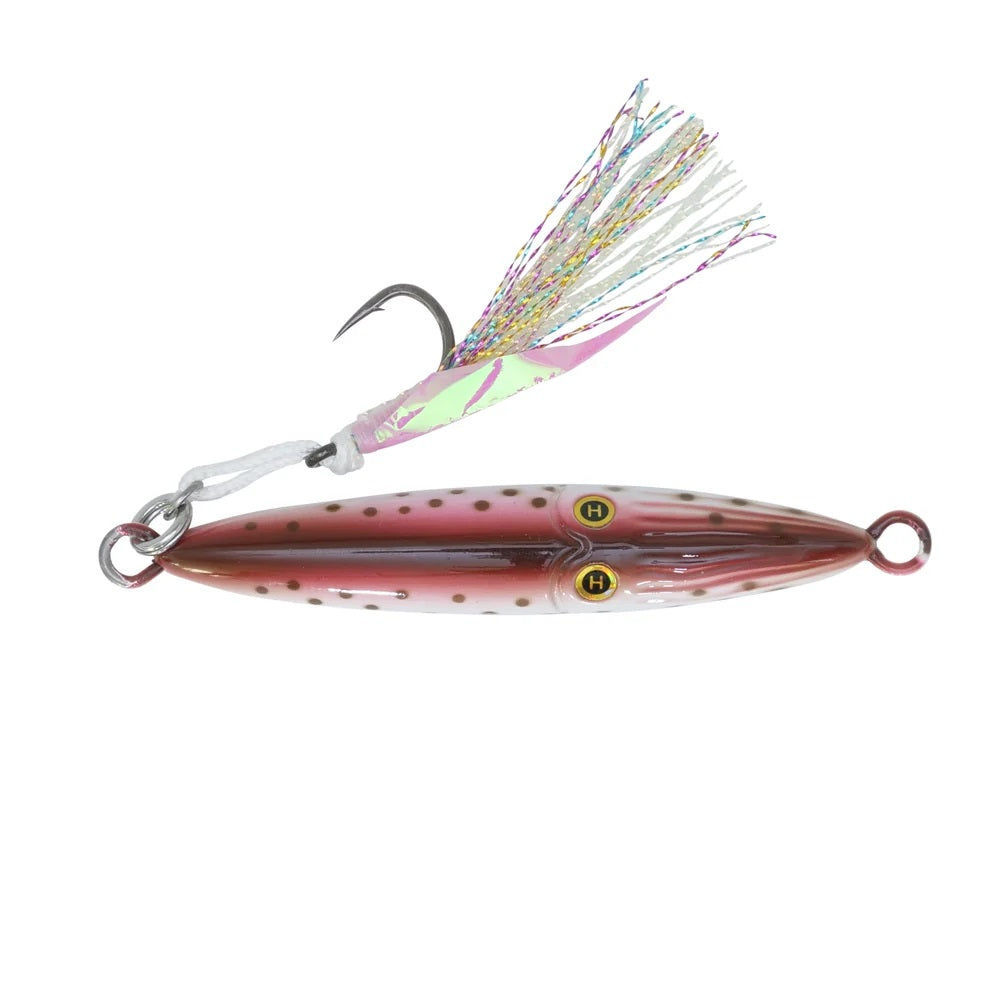 A pink and multicolor Hogy Lures Squinnow Jig that is 3.5 oz. and 4" in length.