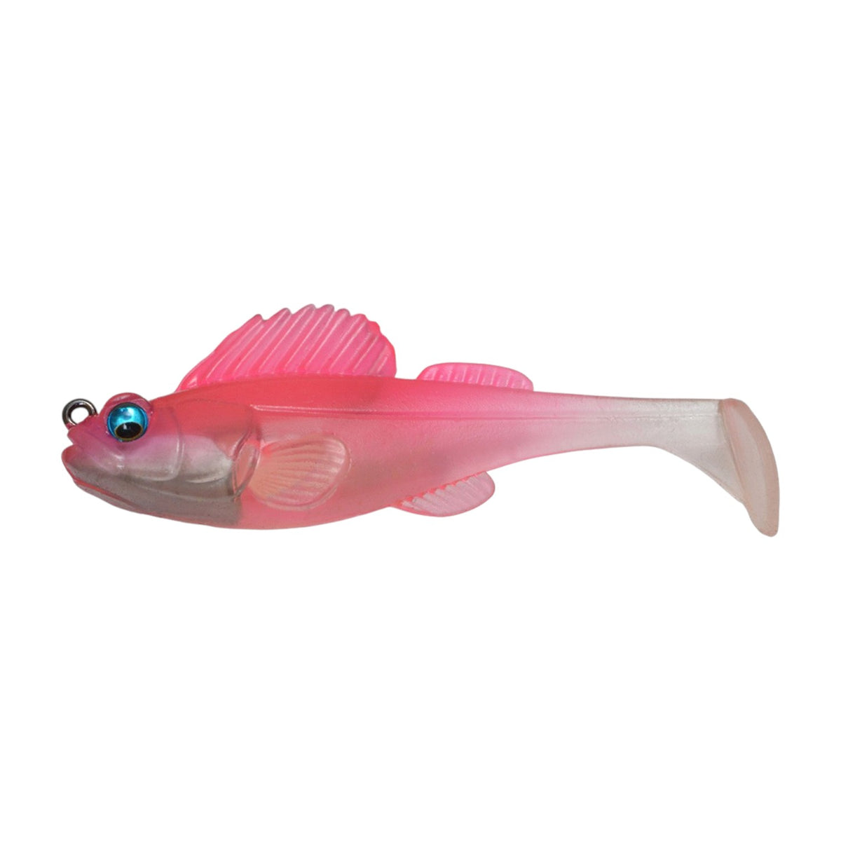 A 2.4 inch Megabass Dark Sleeper Swimbait that weighs 3/8 ounces and is pink with a clear tail.