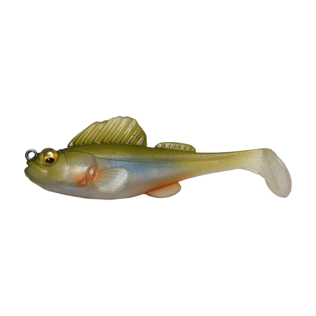 A 2.4 inch Megabass Dark Sleeper Swimbait that weighs 3/8 ounces and is green with a blue body and orange belly.