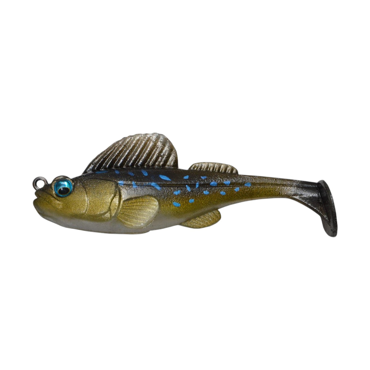 A 2.4 inch Megabass Dark Sleeper Swimbait that weighs 3/8 ounces and is green with blue spots.