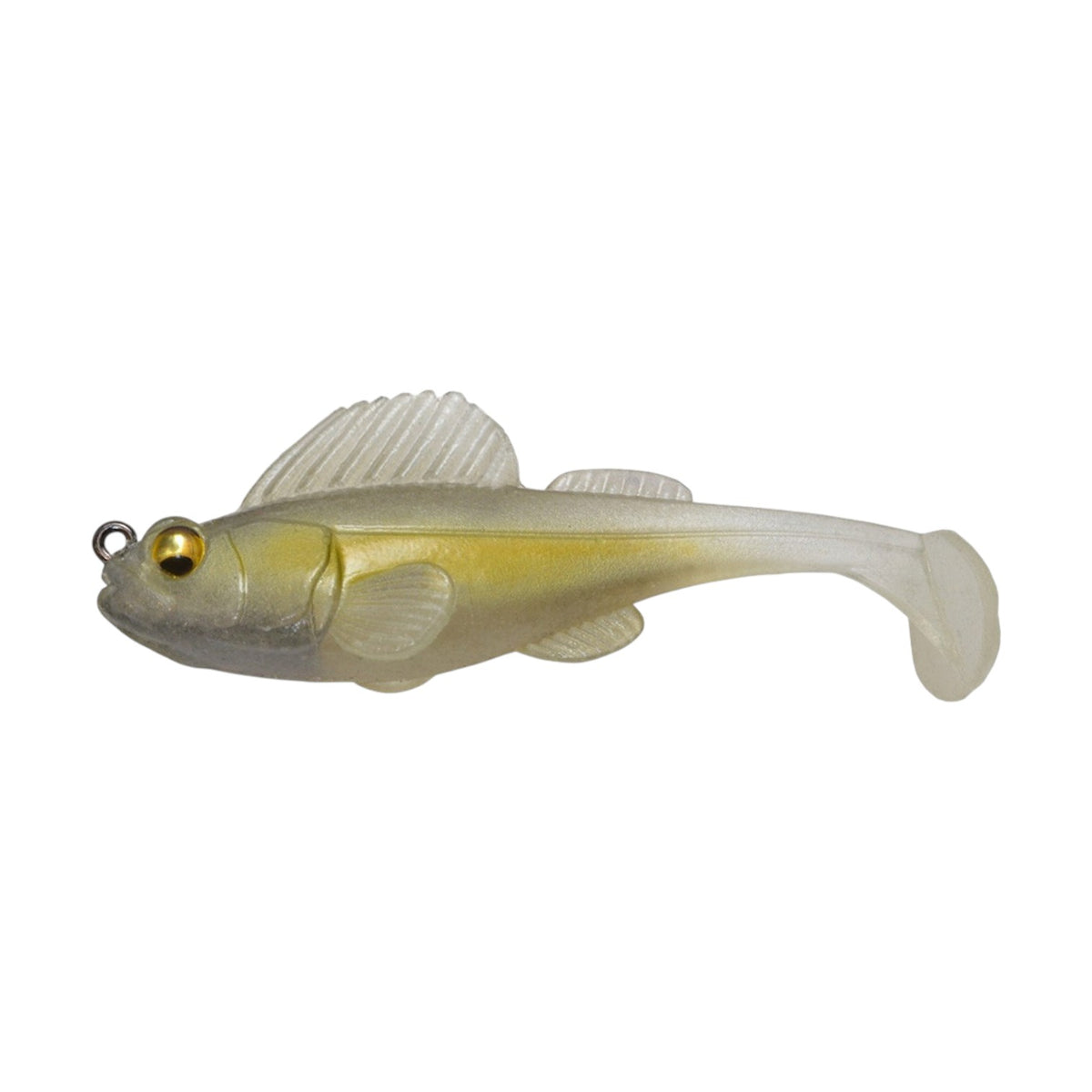 A 2.4 inch Megabass Dark Sleeper Swimbait that weighs 3/8 ounces and is clear with a green body.