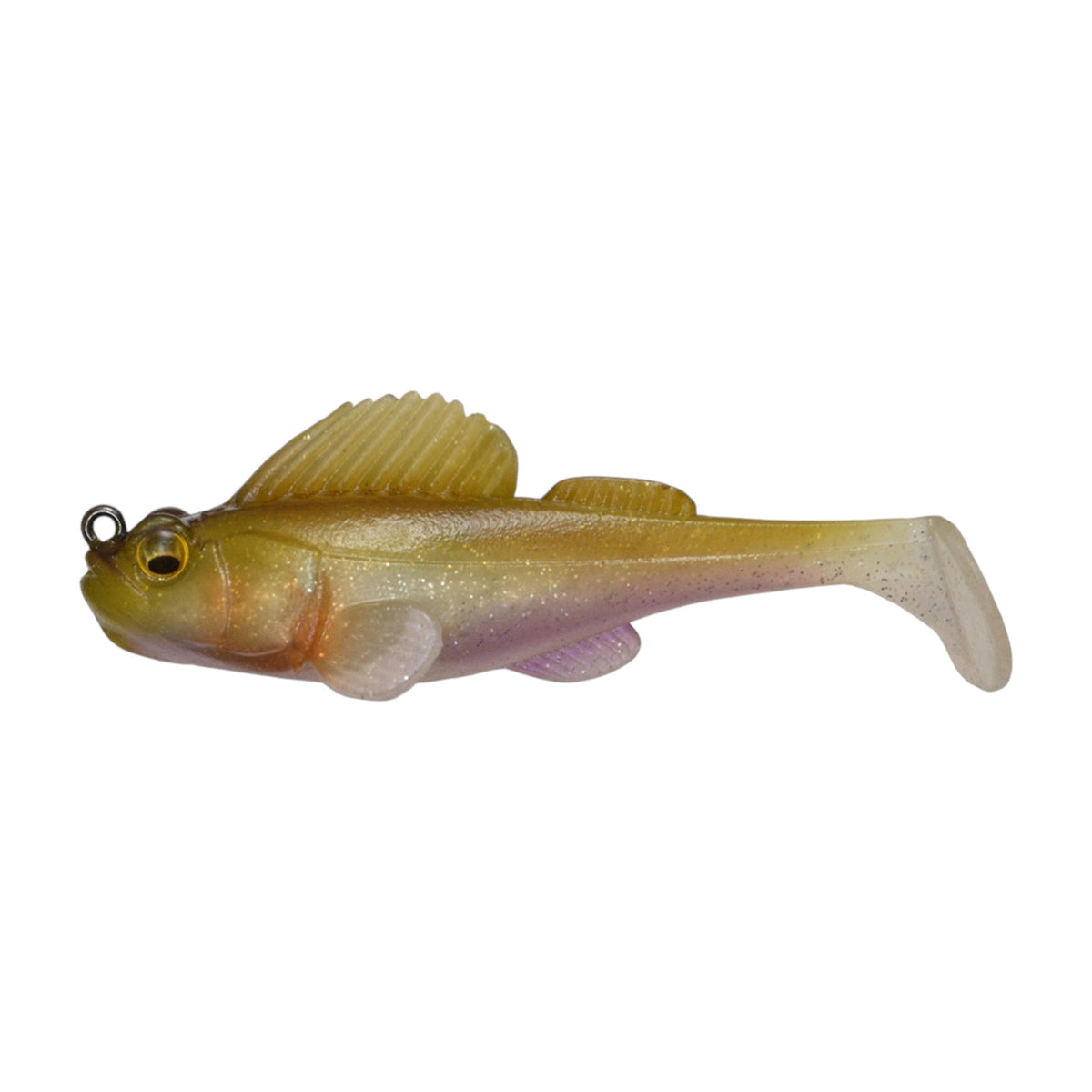 A 2.4 inch Megabass Dark Sleeper Swimbait that weighs 3/8 ounces and is green with a purple belly.