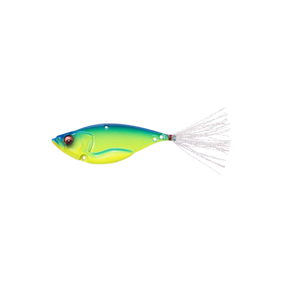 A 1.9 inch Megabass Dyna Response Blade Bait that weighs 0.25 ounces and is green with a blue back.