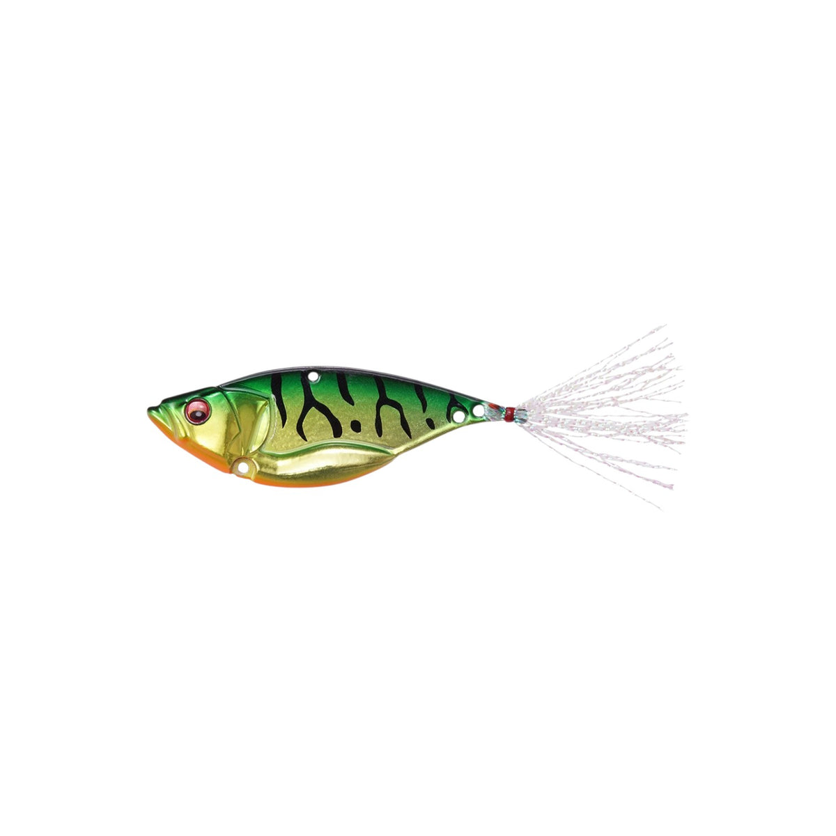A 1.9 inch Megabass Dyna Response Blade Bait that weighs 0.25 ounces and is green with black stripes and an orange belly.