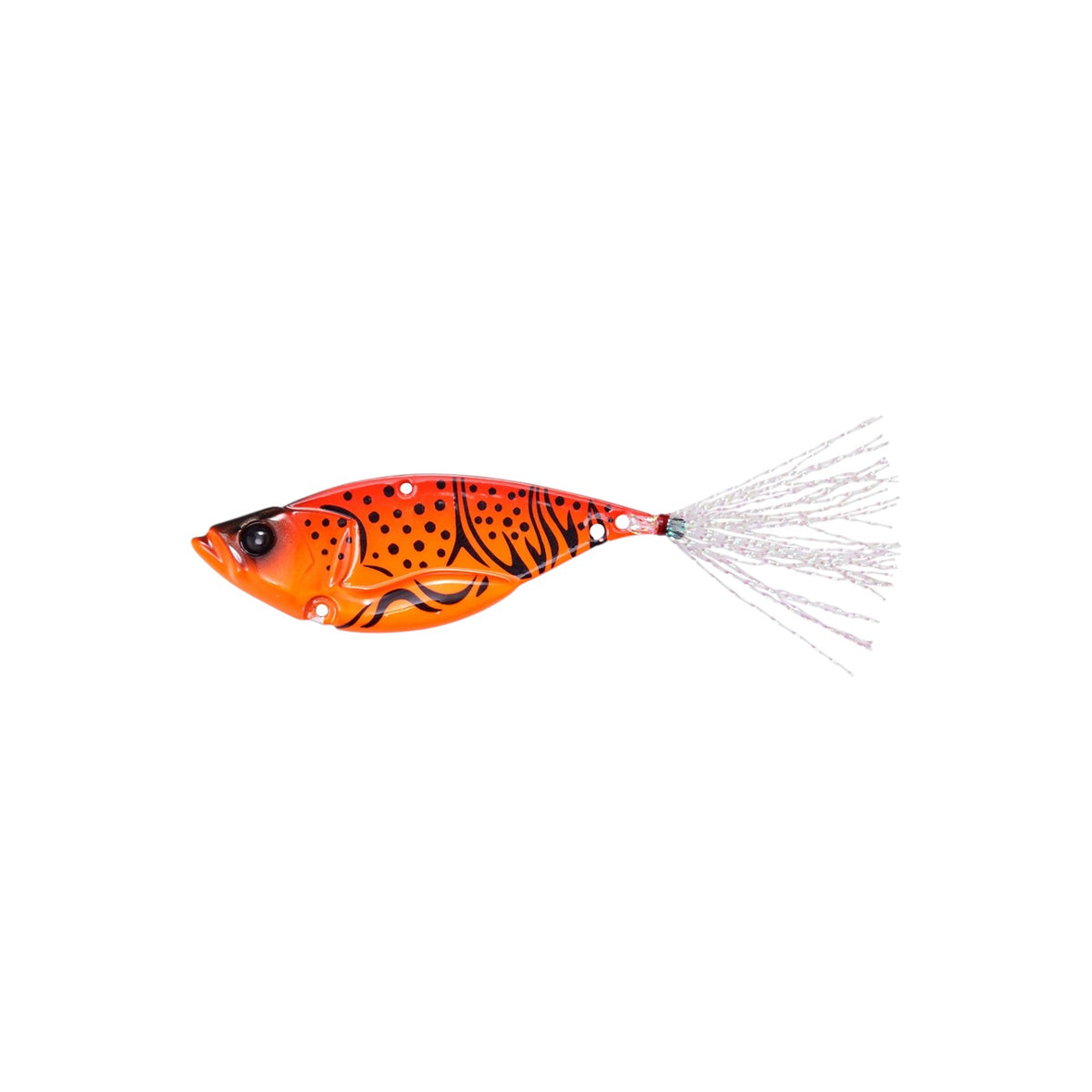 A 1.9 inch Megabass Dyna Response Blade Bait that weighs 0.25 ounces and is orange with black spots and stripes.