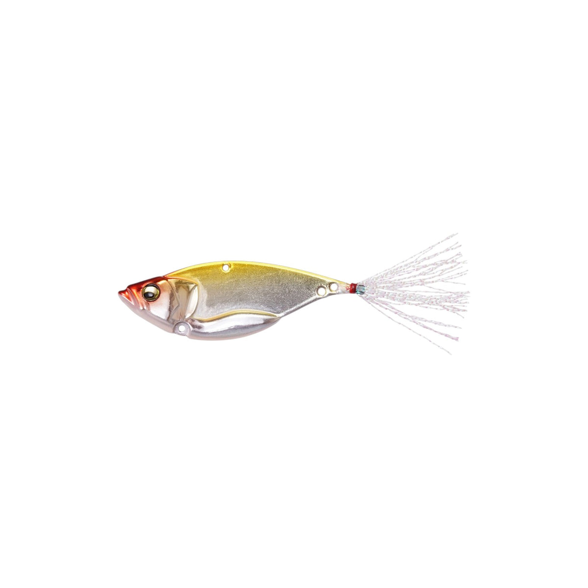 A 1.9 inch Megabass Dyna Response Blade Bait that weighs 0.25 ounces and is gray with a silver belly, red head, and yellow back.