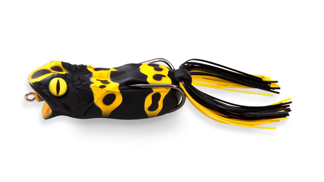 A Megabass Gabarin Jr. Frog fishing lure that is black and yellow.