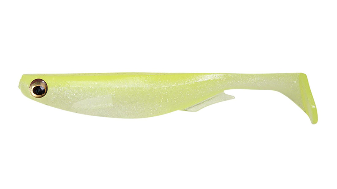 A 3 inch Megabass Spark Shad Paddletail Swimbait that is green.