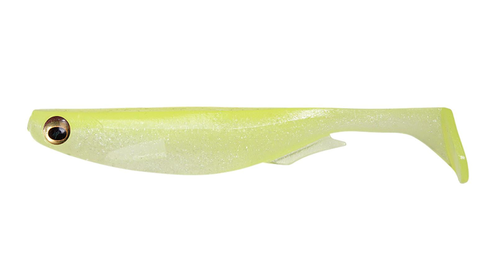 A 3 inch Megabass Spark Shad Paddletail Swimbait that is green.