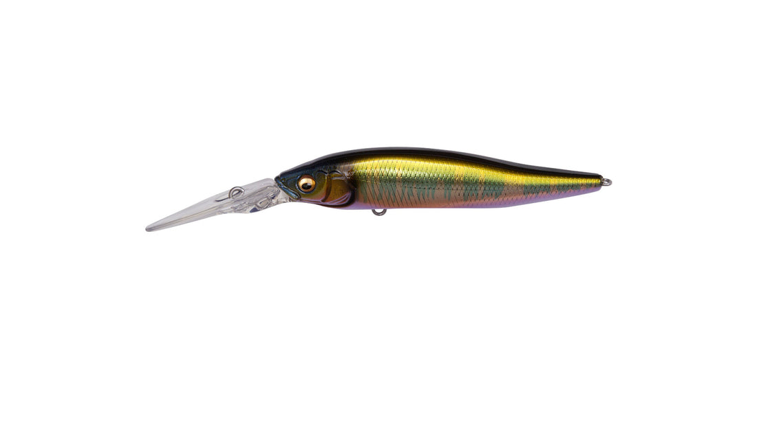A Megabass X-Nanahan+2 Jerkbait fishing lure that is green, orange, and purple.