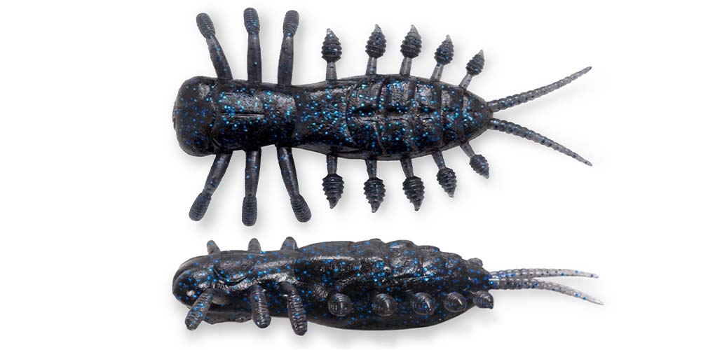 A 3.5" Megabass Yagot Creature Bait fishing lure that is black with blue flakes.