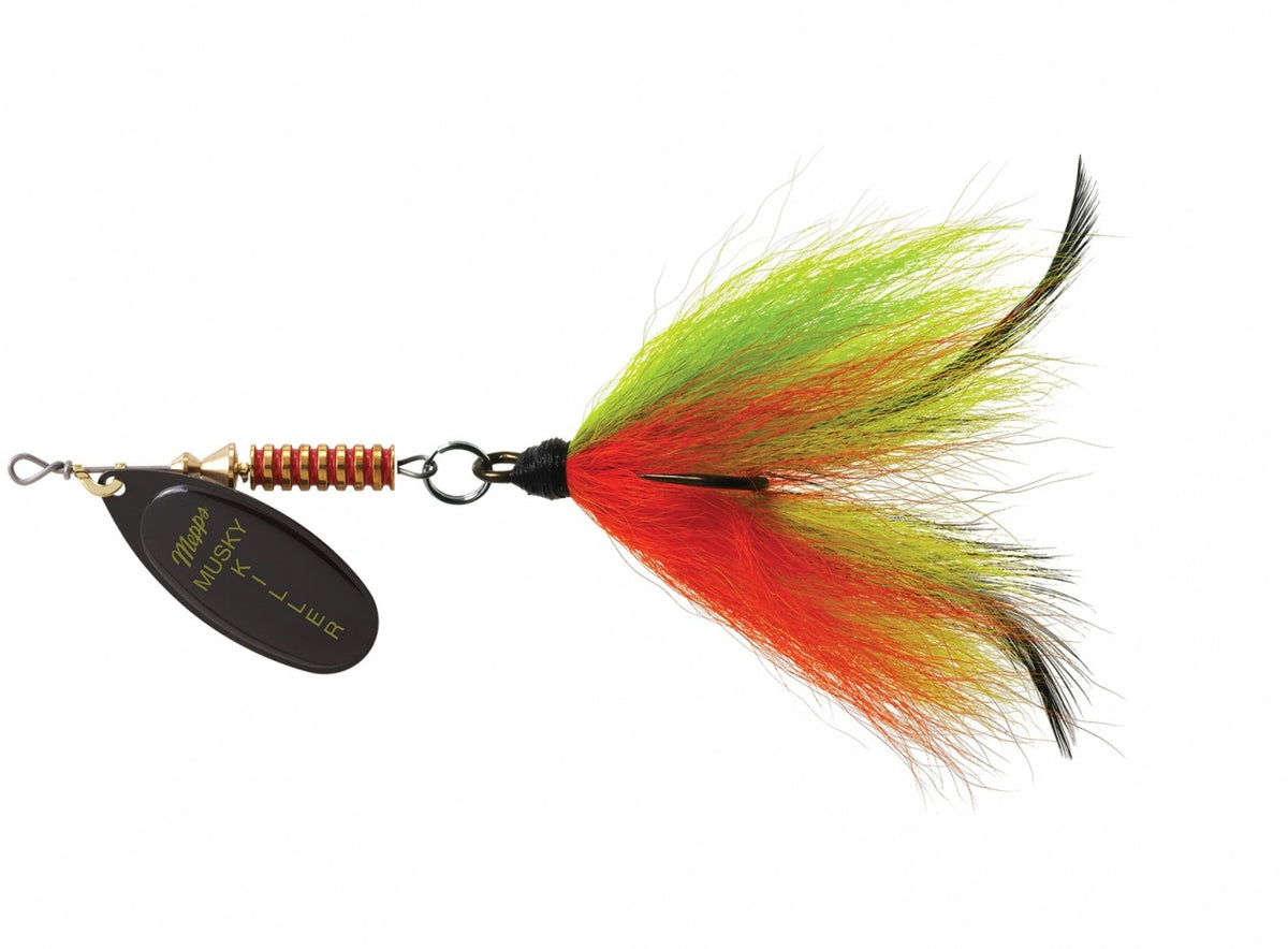 A 0.75 ounce Mepps Musky Killer Dressed Spinner with a black blade and firetiger tail.