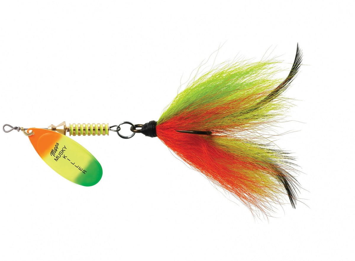 A 0.75 ounce Mepps Musky Killer Dressed Spinner with a hot firetiger blade and firetiger tail.