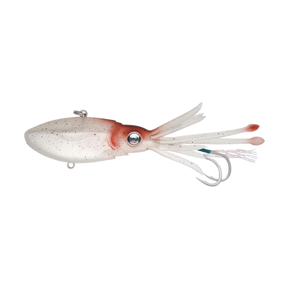 A 5" Nomad Design Squidtrex 130 Vibe Jig that is white with brown speckles.