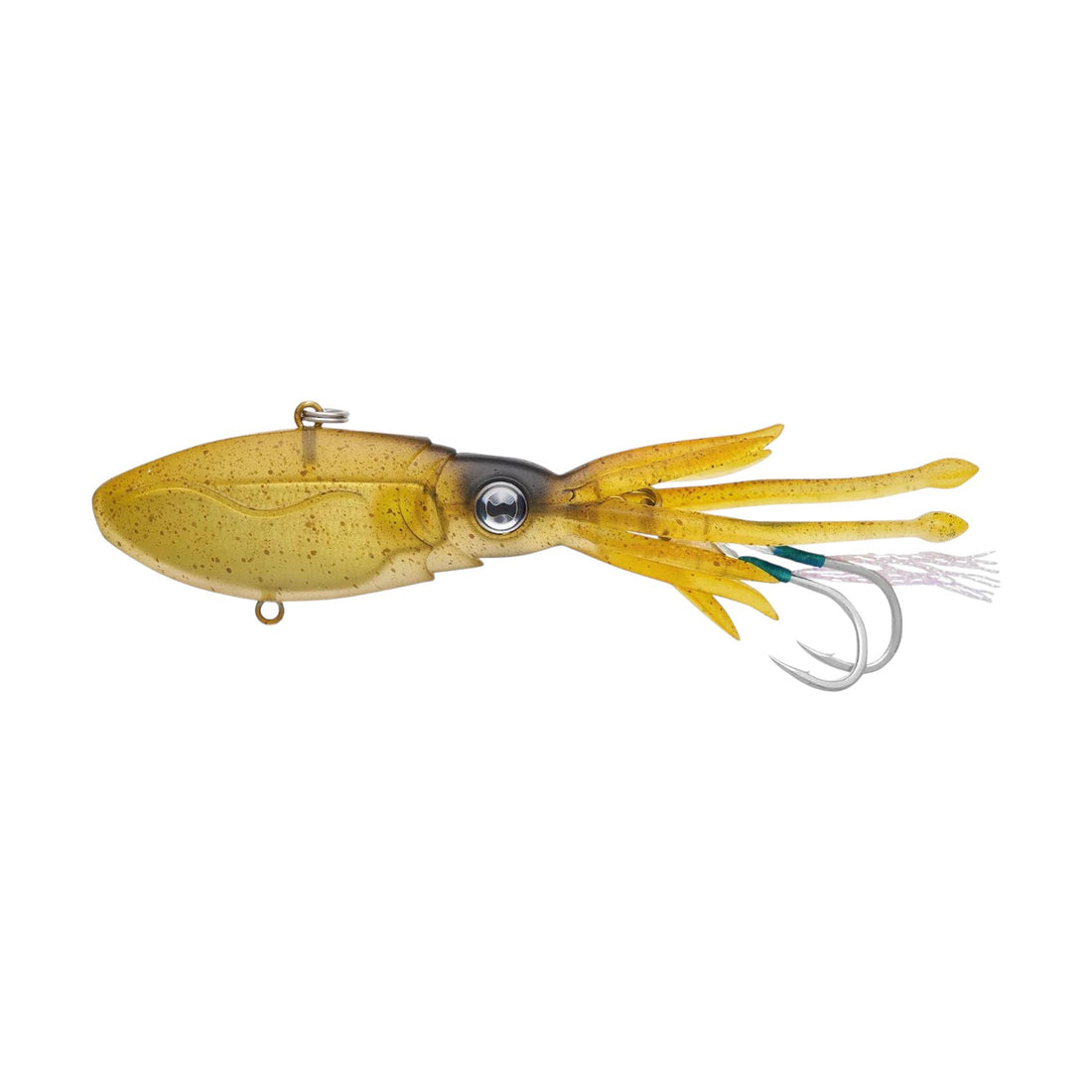 A 5" Nomad Design Squidtrex 130 Vibe Jig that is a greenish gold.