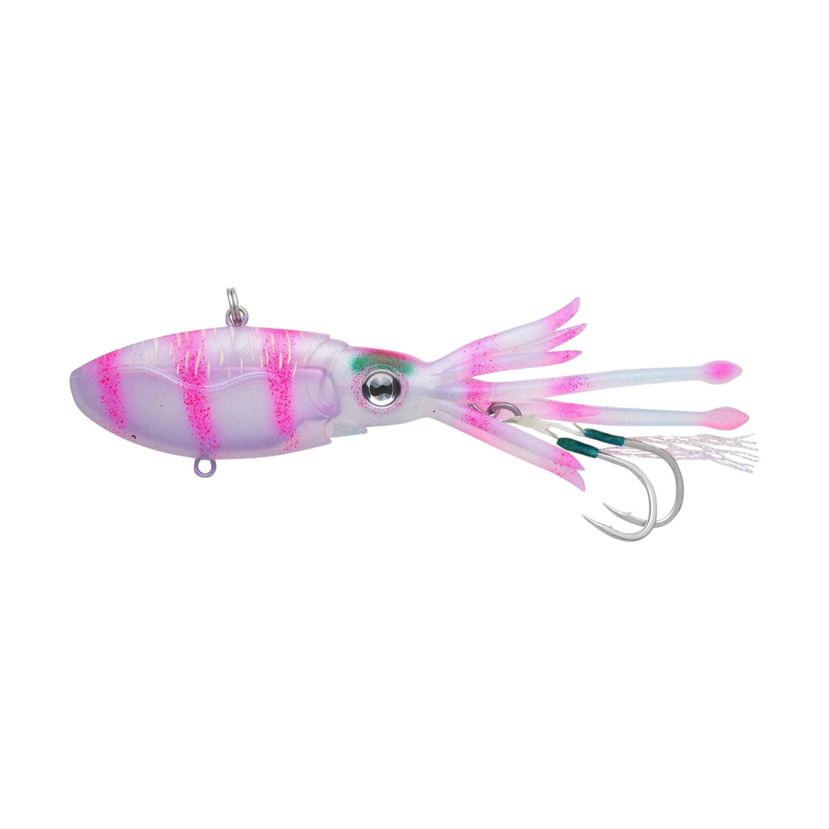 A 5" Nomad Design Squidtrex 130 Vibe Jig that is white with pink stripes.