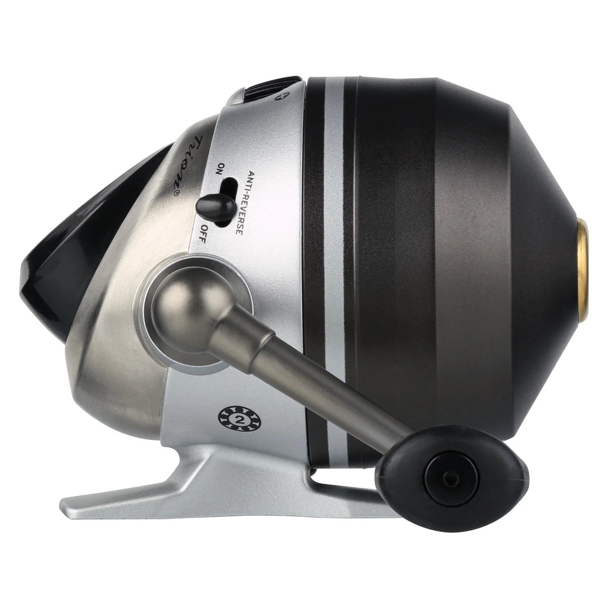 The right side of a Pflueger Trion 10 Spincast Reel.