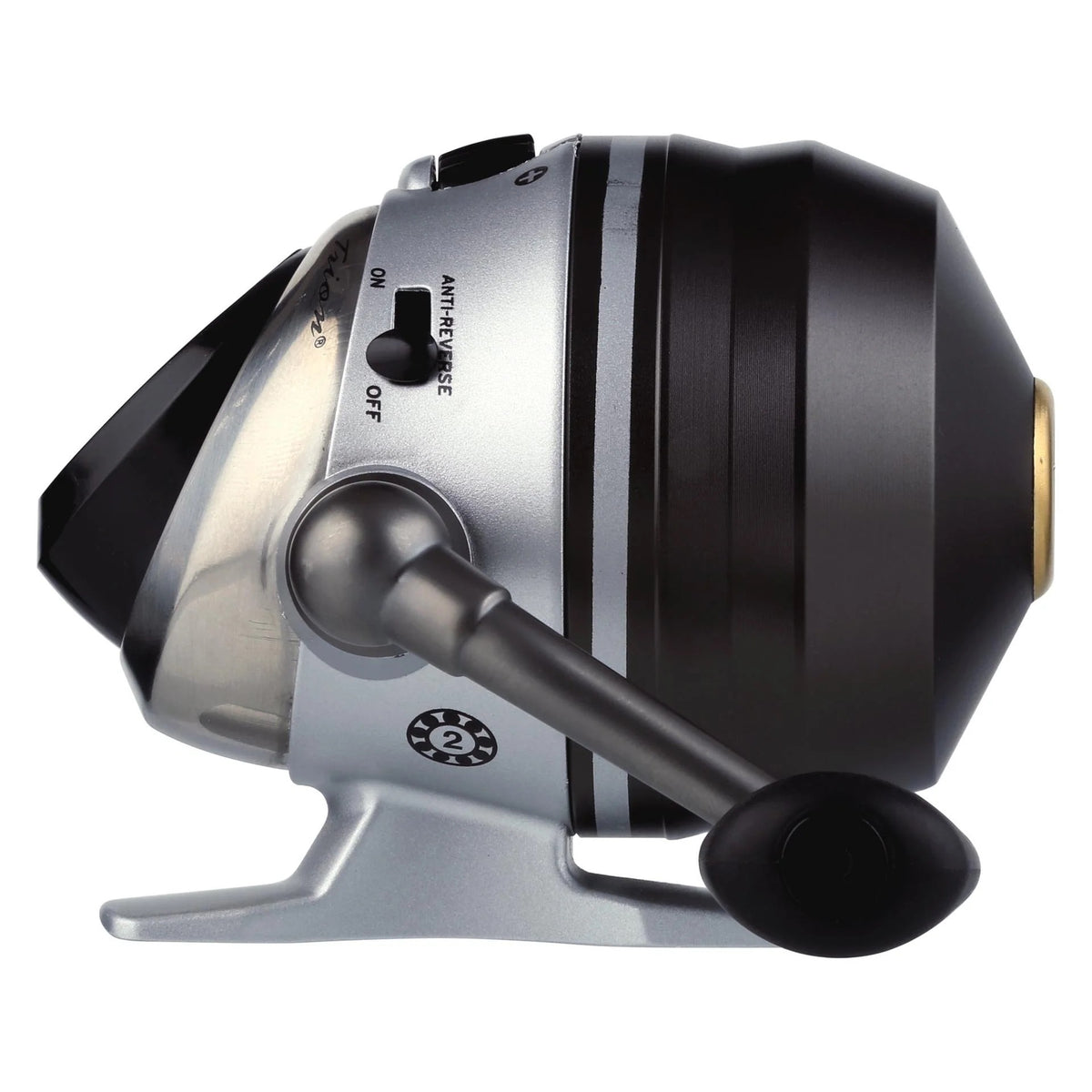 The right side of a Pflueger Trion 6 Spincast Reel.