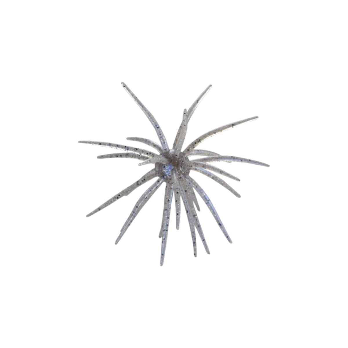 A Picasso Lures 19 millimeter Urchinator Urchin Bait that is silver with black flakes.