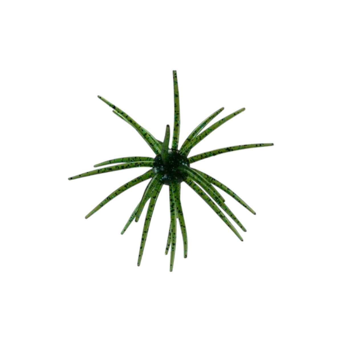 A Picasso Lures 19 millimeter Urchinator Urchin Bait that is green with blue flakes.