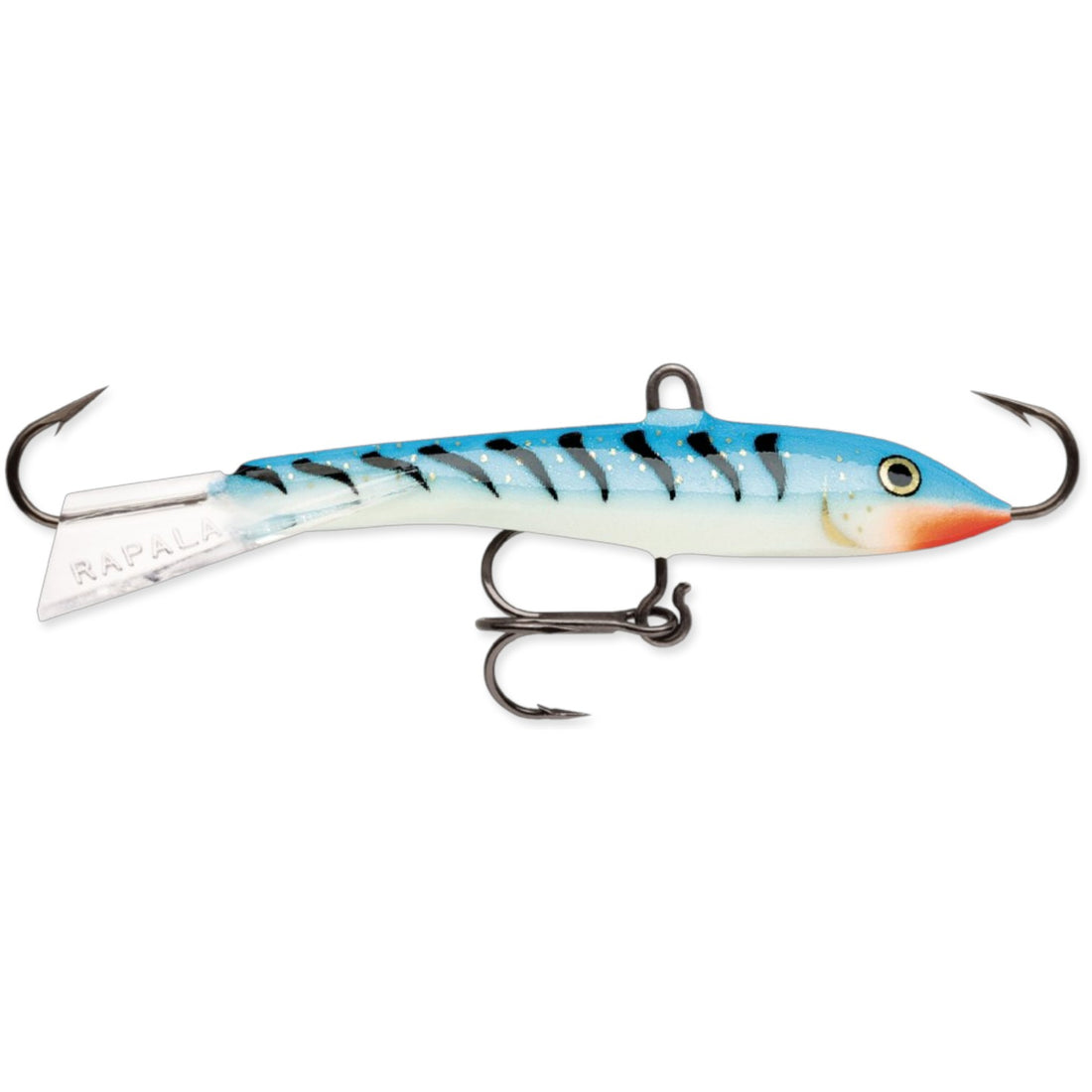 A 3.5 inch Rapala Jigging Rap that is blue with black stripes.