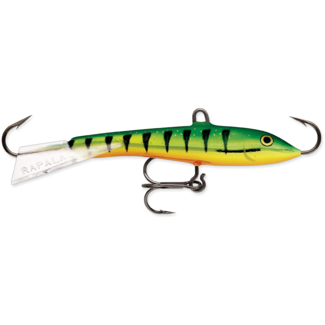 A 3.5 inch Rapala Jigging Rap that is green and yellow with black stripes.