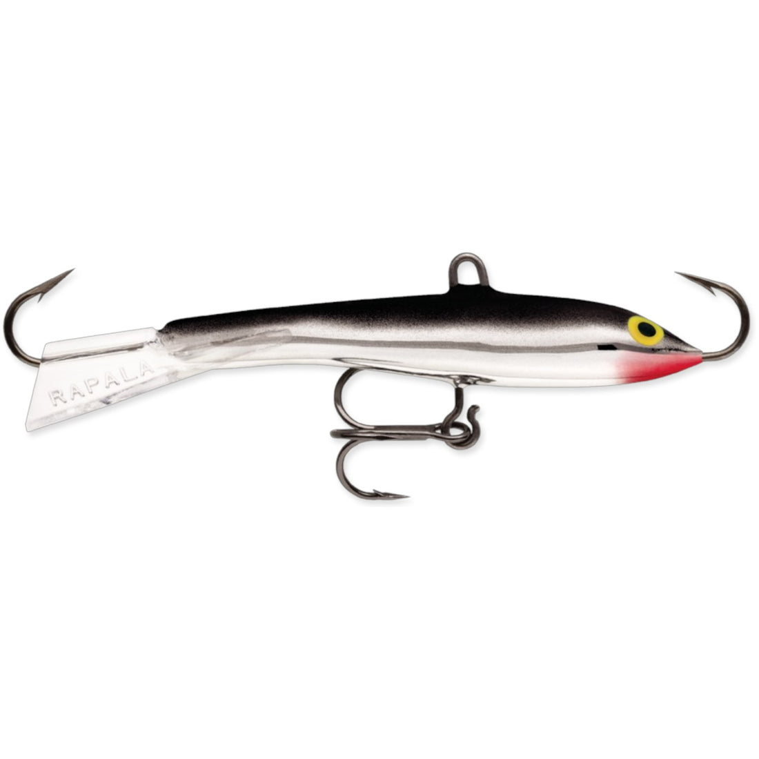 A 3.5 inch Rapala Jigging Rap that is silver.