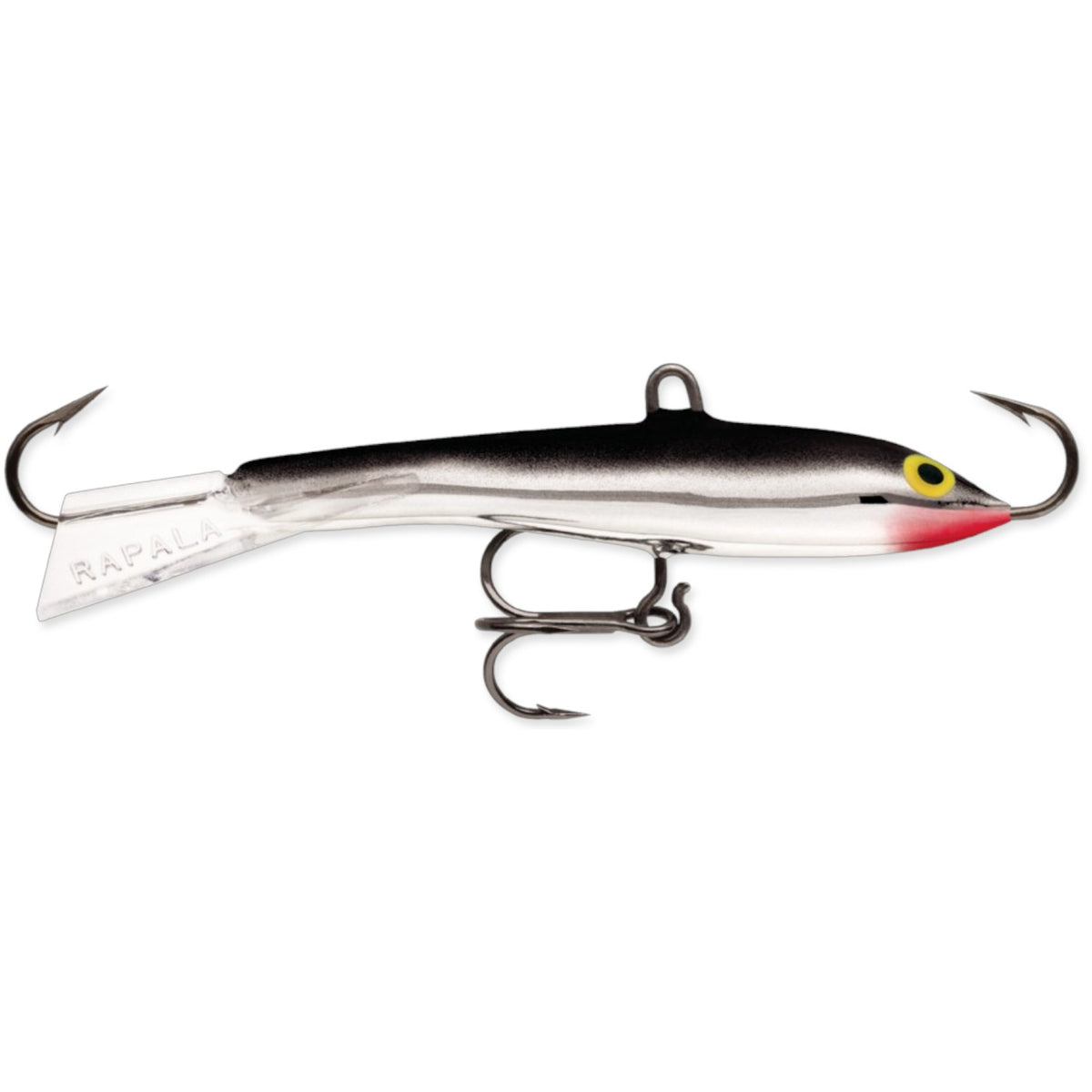 A 3.5 inch Rapala Jigging Rap that is silver.