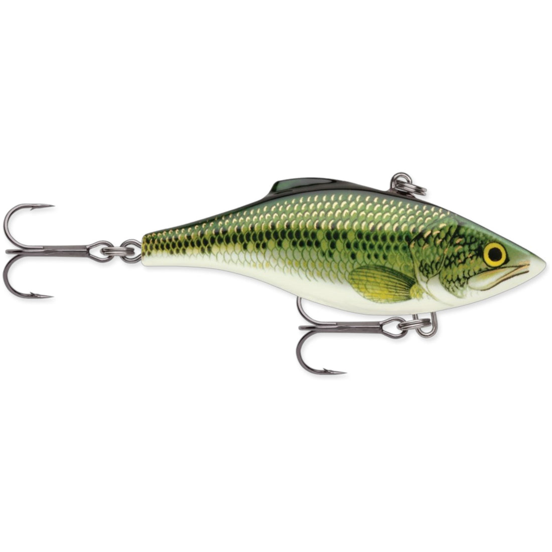 A 2.75 inch Rapala Rattlin' Rap Lipless Crankbait that is green.