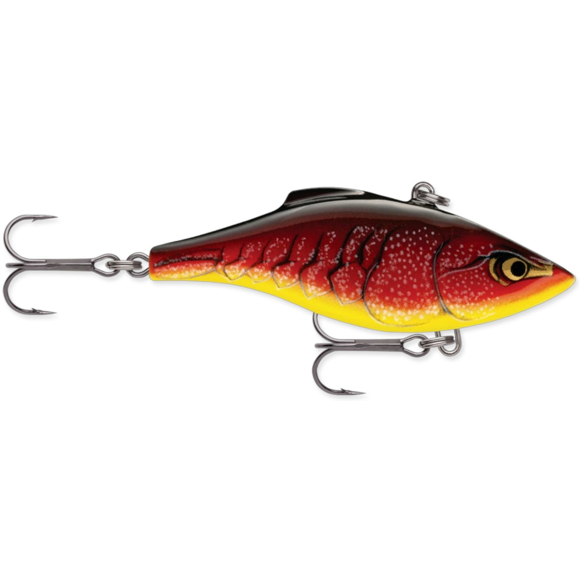 A 2.75 inch Rapala Rattlin' Rap Lipless Crankbait that is red, black, and yellow.