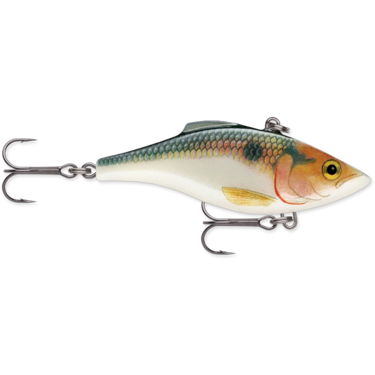 A 2.75 inch Rapala Rattlin' Rap Lipless Crankbait that is green, orange, and white.
