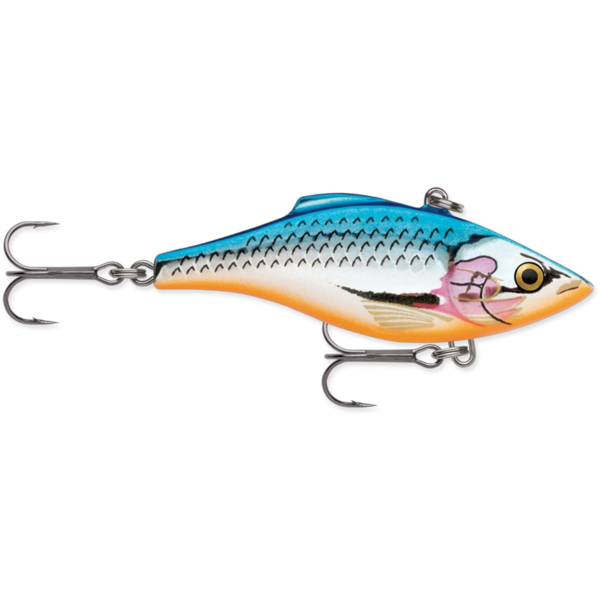 A 2.75 inch Rapala Rattlin' Rap Lipless Crankbait that is blue, silver, and orange.