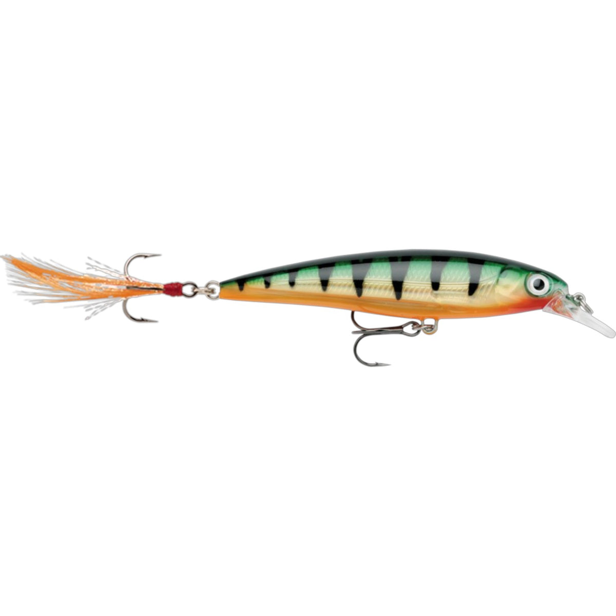 A 4.75 inch Rapala X-Rap Jerkbait that is green and yellow with black stripes.
