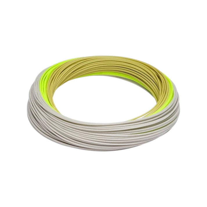 A roll of Rio WF5F Elite Gold XP Fly Line that is green and gray.