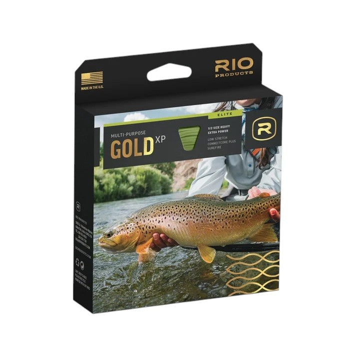 A box of Rio WF5F Elite Gold XP Fly Line that is green and gray.