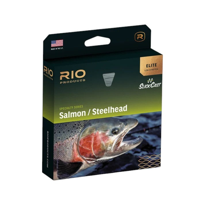A box of Rio WF7F Elite Salmon/Steelhead Fly Line that is green and yellow.