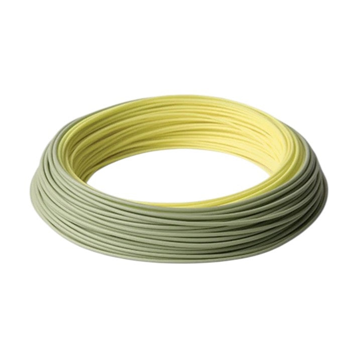 A roll of Rio WF8F Elite Salmon/Steelhead Fly Line that is green and yellow.